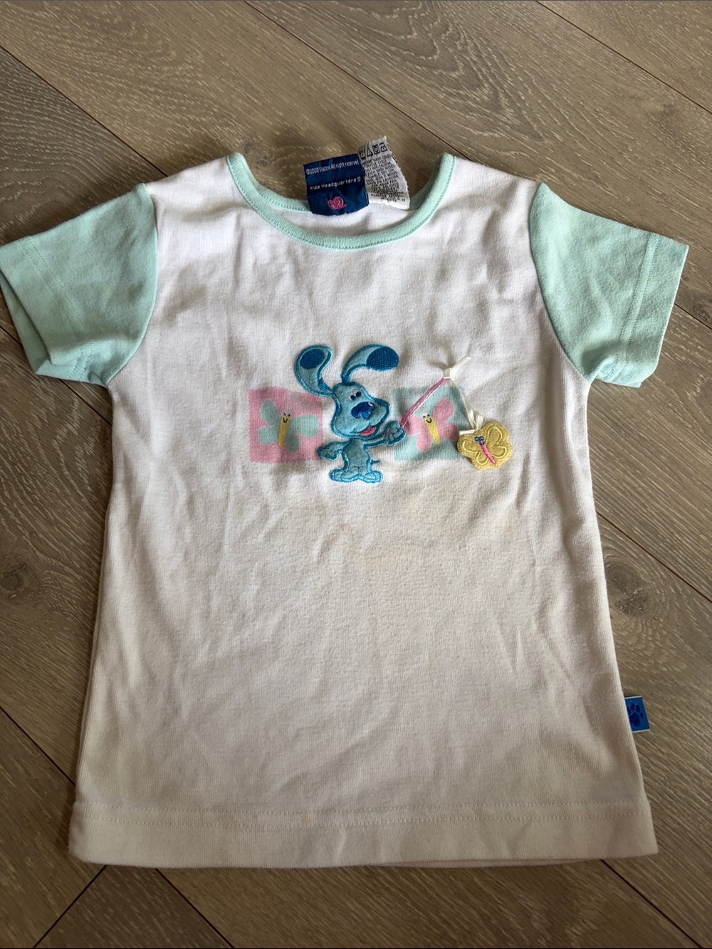 Girls White Tee with Mint Short Sleeves & Blue Bunny Graphic
